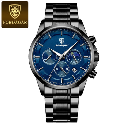 POEDAGAR Men’s Sport Watch – Luminous Quartz Chronograph, Moon Phase, Date Display, Stainless Steel Fashion Wristwatch