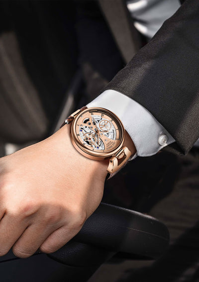 LIGE Men's Luxury Quartz Watch – Stylish Hollow Design, Waterproof Sports & Casual Leather Timepiece with Date Display