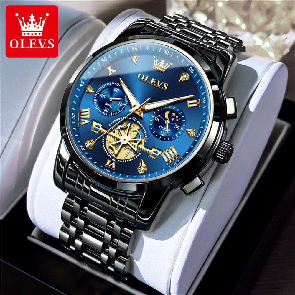 OLEVS Luxury Tourbillon Quartz Watch for Men – Stainless Steel, Waterproof, Luminous, 24-Hour Moon Phase Fashion Timepiece