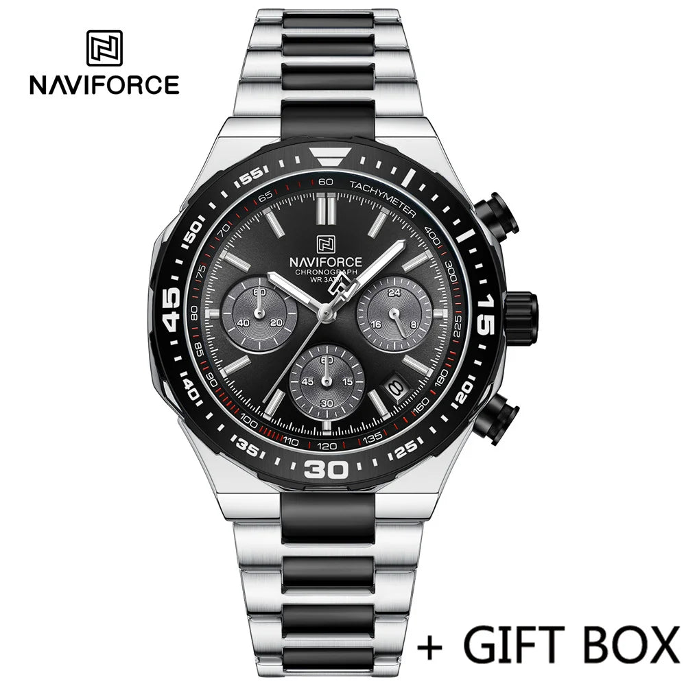 NAVIFORCE Men's Luxury Sport Watch – Military-Style Waterproof Chronograph Quartz Wristwatch with Stainless Steel Band 8049
