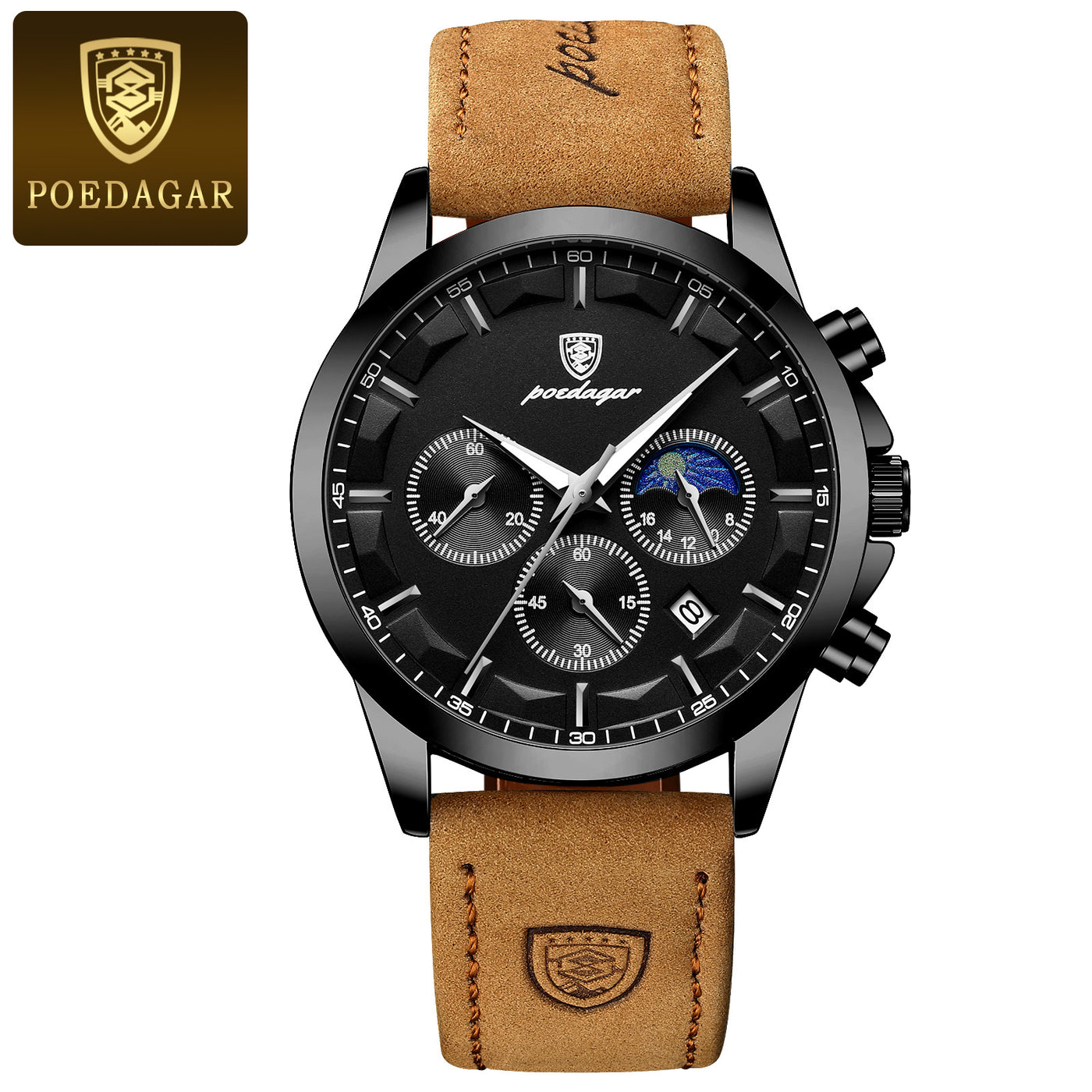 POEDAGAR Men’s Sport Watch – Luminous Quartz Chronograph, Moon Phase, Date Display, Stainless Steel Fashion Wristwatch