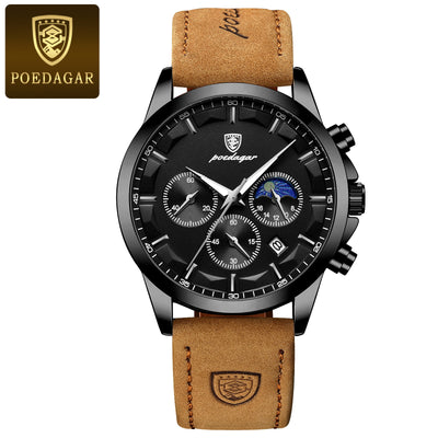 POEDAGAR Men’s Sport Watch – Luminous Quartz Chronograph, Moon Phase, Date Display, Stainless Steel Fashion Wristwatch