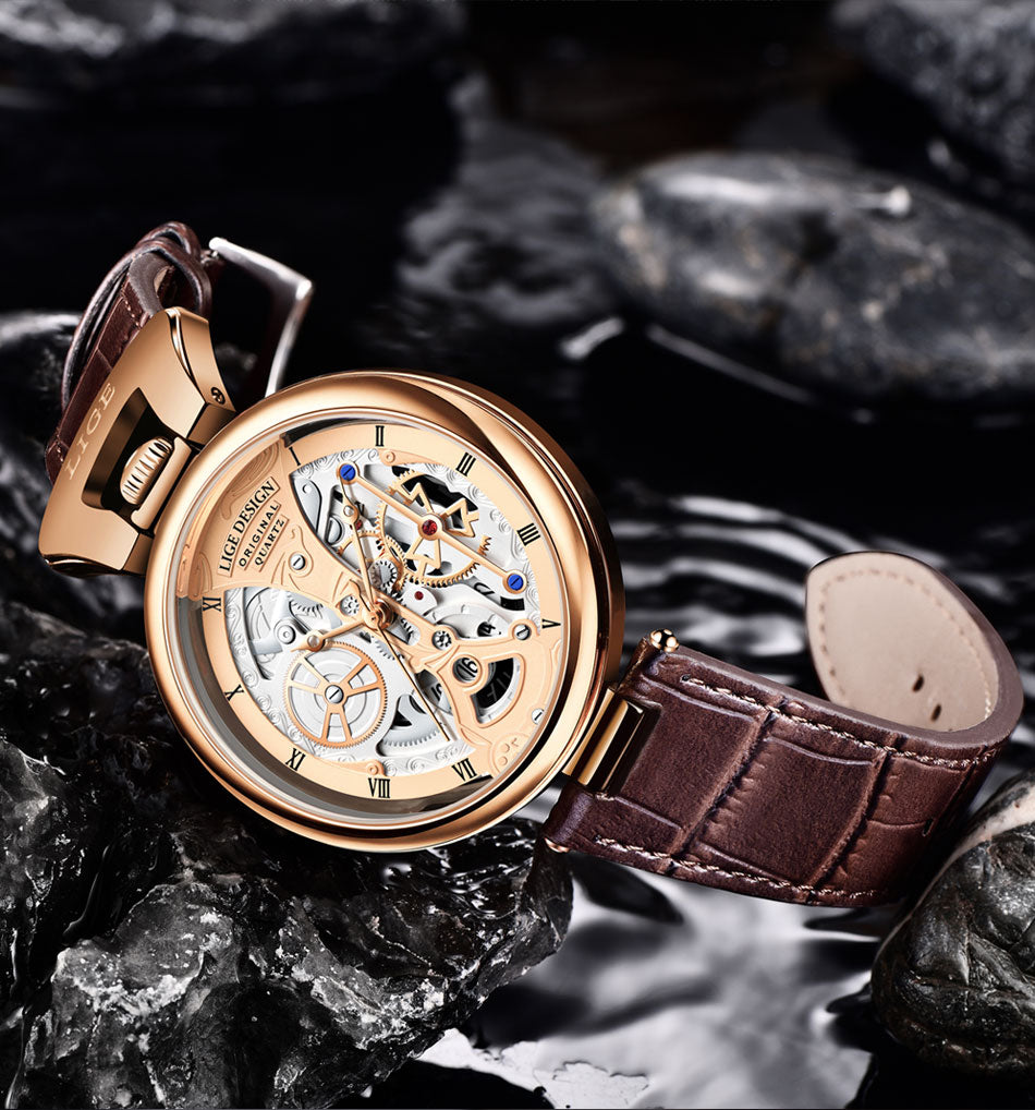 LIGE Men's Luxury Quartz Watch – Stylish Hollow Design, Waterproof Sports & Casual Leather Timepiece with Date Display