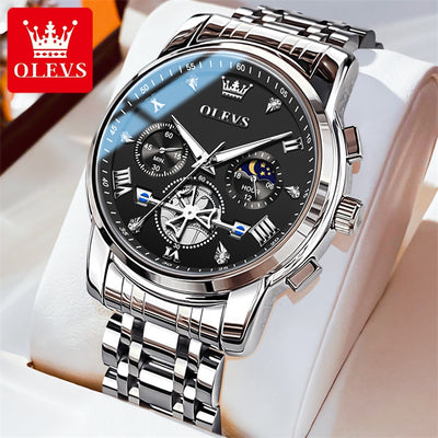 OLEVS Luxury Tourbillon Quartz Watch for Men – Stainless Steel, Waterproof, Luminous, 24-Hour Moon Phase Fashion Timepiece
