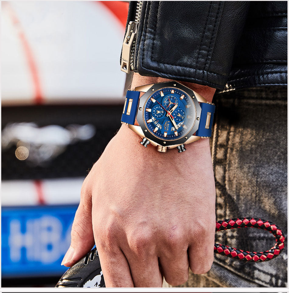 LIGE Men's Luxury Sports Watch – Military-Style Quartz Chronograph, Waterproof, Silicone Strap, Business & Casual Design with Date Display
