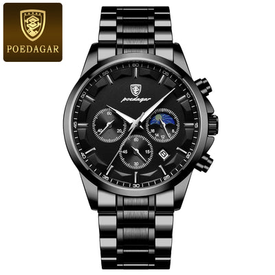 POEDAGAR Men’s Sport Watch – Luminous Quartz Chronograph, Moon Phase, Date Display, Stainless Steel Fashion Wristwatch