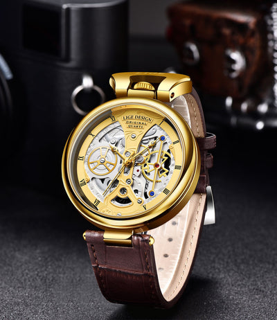 LIGE Men's Luxury Quartz Watch – Stylish Hollow Design, Waterproof Sports & Casual Leather Timepiece with Date Display