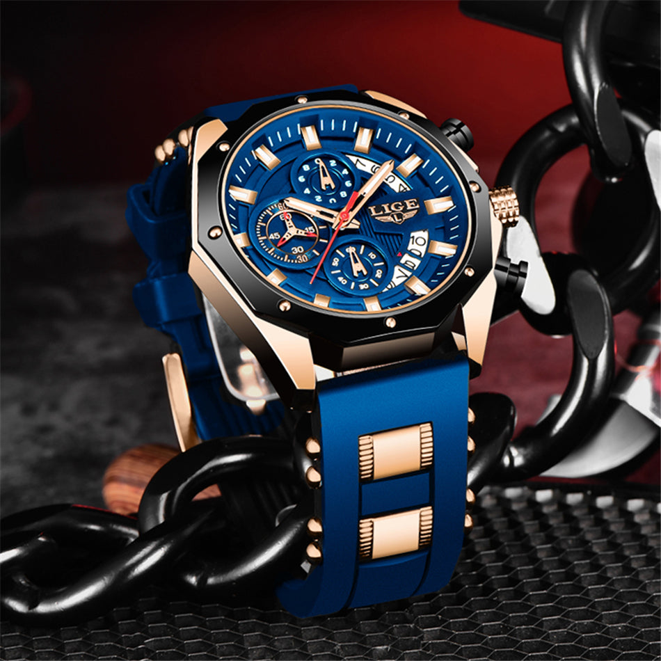 LIGE Men's Luxury Sports Watch – Military-Style Quartz Chronograph, Waterproof, Silicone Strap, Business & Casual Design with Date Display