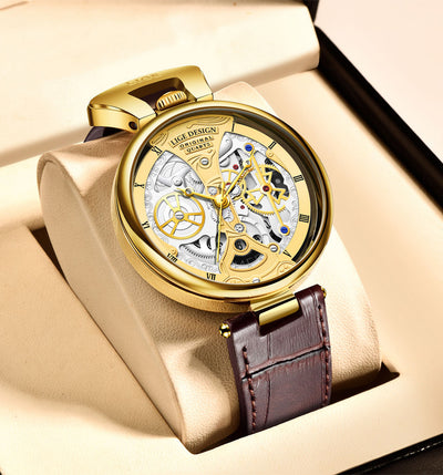 LIGE Men's Luxury Quartz Watch – Stylish Hollow Design, Waterproof Sports & Casual Leather Timepiece with Date Display