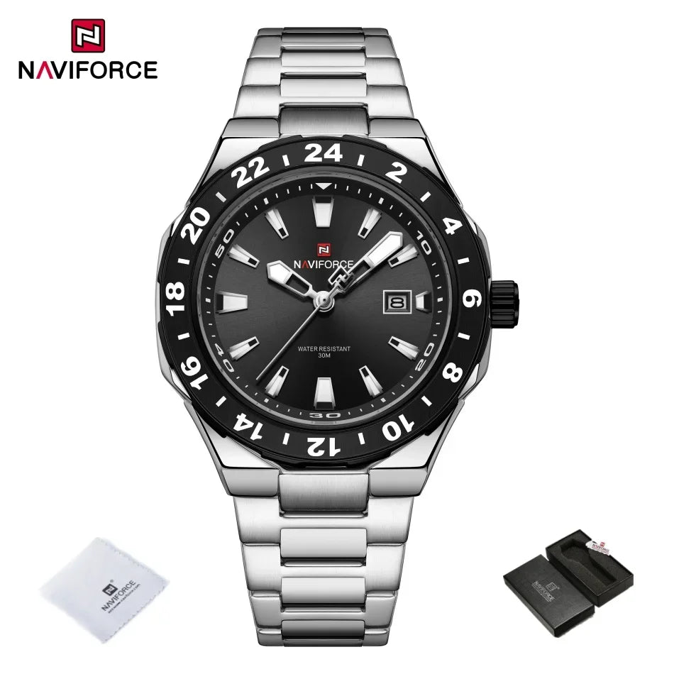 NAVIFORCE Men's Luxury Business Sport Watch – 3ATM Waterproof Quartz Military Wristwatch with Stainless Steel Band Relogio Masculino