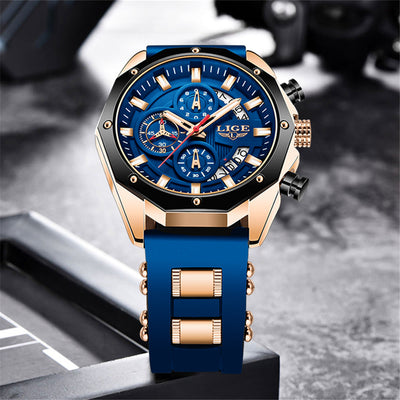 LIGE Men's Luxury Sports Watch – Military-Style Quartz Chronograph, Waterproof, Silicone Strap, Business & Casual Design with Date Display