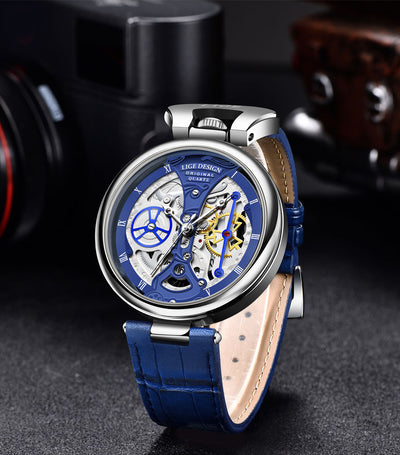 LIGE Men's Luxury Quartz Watch – Stylish Hollow Design, Waterproof Sports & Casual Leather Timepiece with Date Display