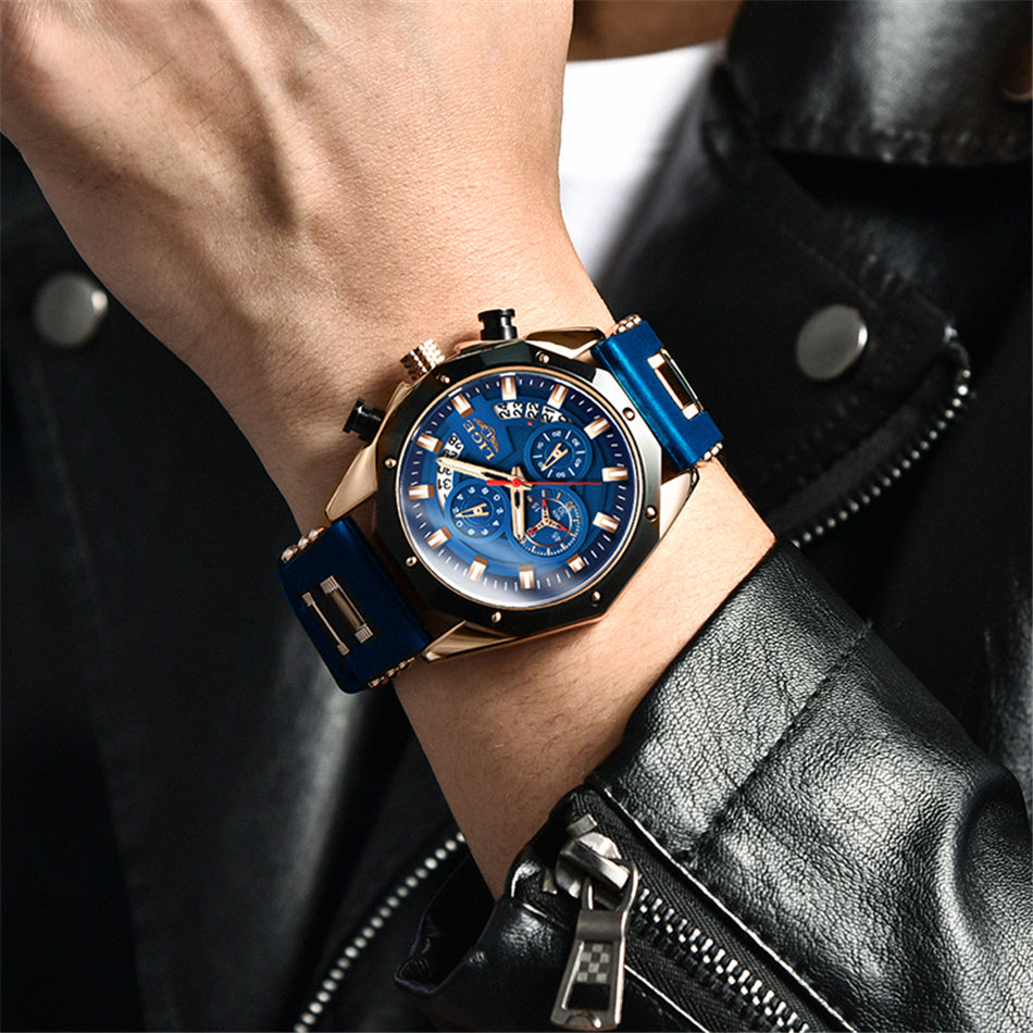 LIGE Men's Luxury Sports Watch – Military-Style Quartz Chronograph, Waterproof, Silicone Strap, Business & Casual Design with Date Display