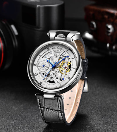 LIGE Men's Luxury Quartz Watch – Stylish Hollow Design, Waterproof Sports & Casual Leather Timepiece with Date Display