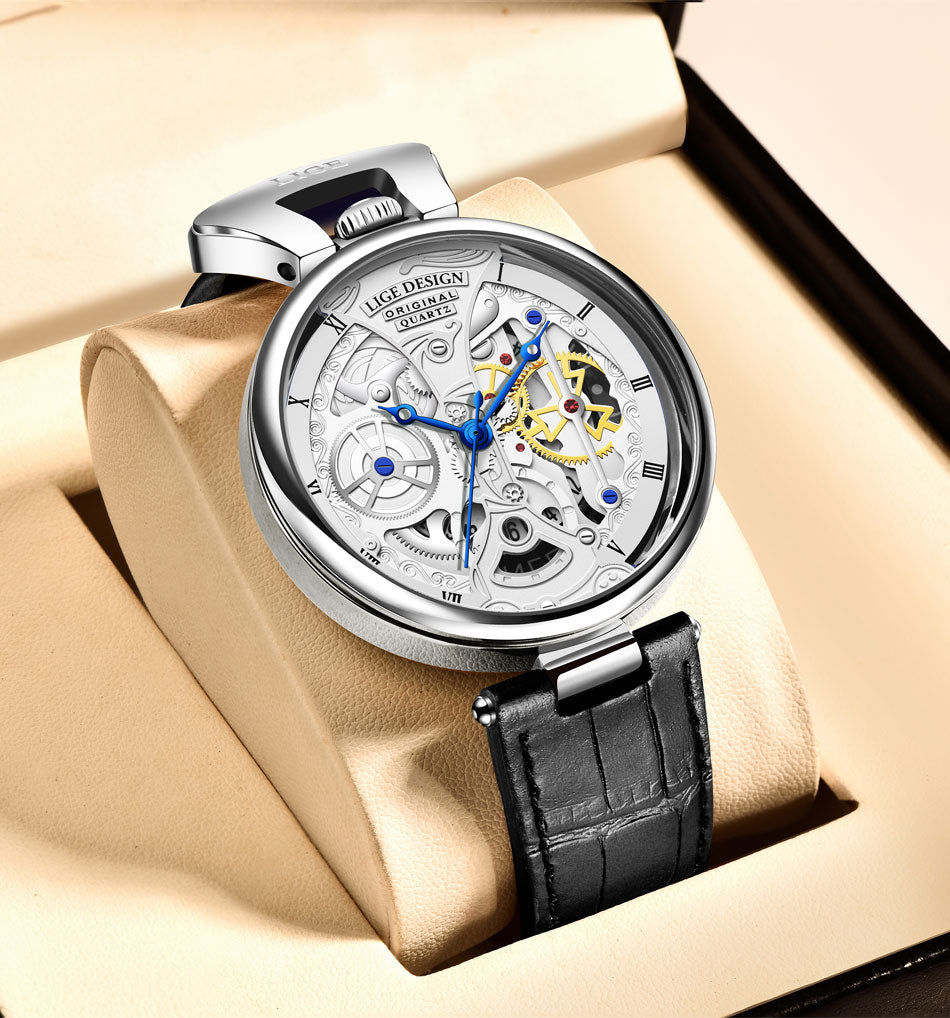 LIGE Men's Luxury Quartz Watch – Stylish Hollow Design, Waterproof Sports & Casual Leather Timepiece with Date Display