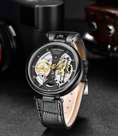 LIGE Men's Luxury Quartz Watch – Stylish Hollow Design, Waterproof Sports & Casual Leather Timepiece with Date Display
