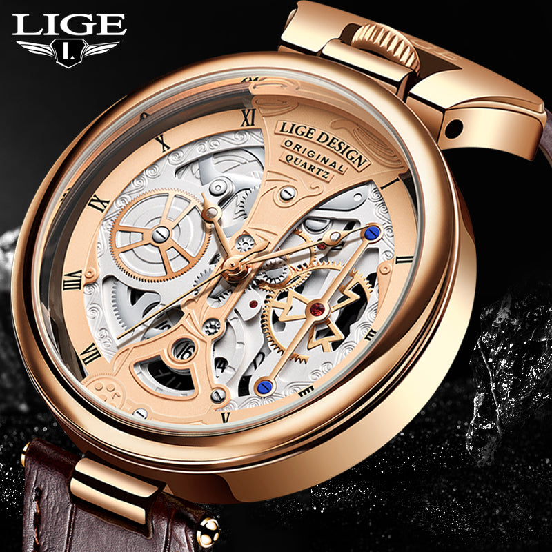 LIGE Men's Luxury Quartz Watch – Stylish Hollow Design, Waterproof Sports & Casual Leather Timepiece with Date Display