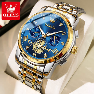 OLEVS Luxury Tourbillon Quartz Watch for Men – Stainless Steel, Waterproof, Luminous, 24-Hour Moon Phase Fashion Timepiece