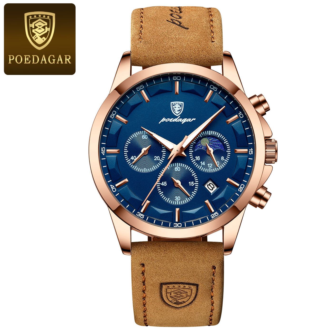 POEDAGAR Men’s Sport Watch – Luminous Quartz Chronograph, Moon Phase, Date Display, Stainless Steel Fashion Wristwatch