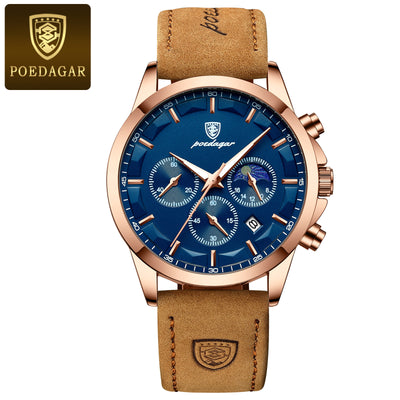 POEDAGAR Men’s Sport Watch – Luminous Quartz Chronograph, Moon Phase, Date Display, Stainless Steel Fashion Wristwatch