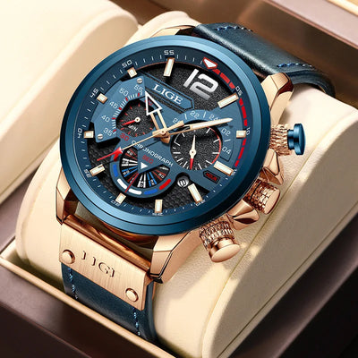 LIGE Men's Big Dial Quartz Watch – Business Style, Luminous, Waterproof, Leather Strap Wristwatch