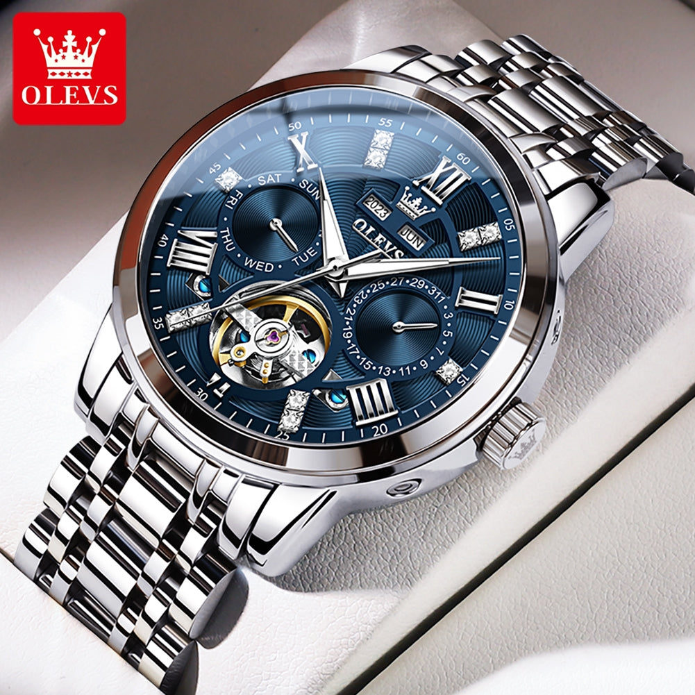OLEVS 6701 Men's Luxury Skeleton Automatic Watch – Flywheel Design, Dual Calendar, Luminous, Waterproof Stainless Steel Wristwatch