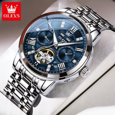 OLEVS 6701 Men's Luxury Skeleton Automatic Watch – Flywheel Design, Dual Calendar, Luminous, Waterproof Stainless Steel Wristwatch