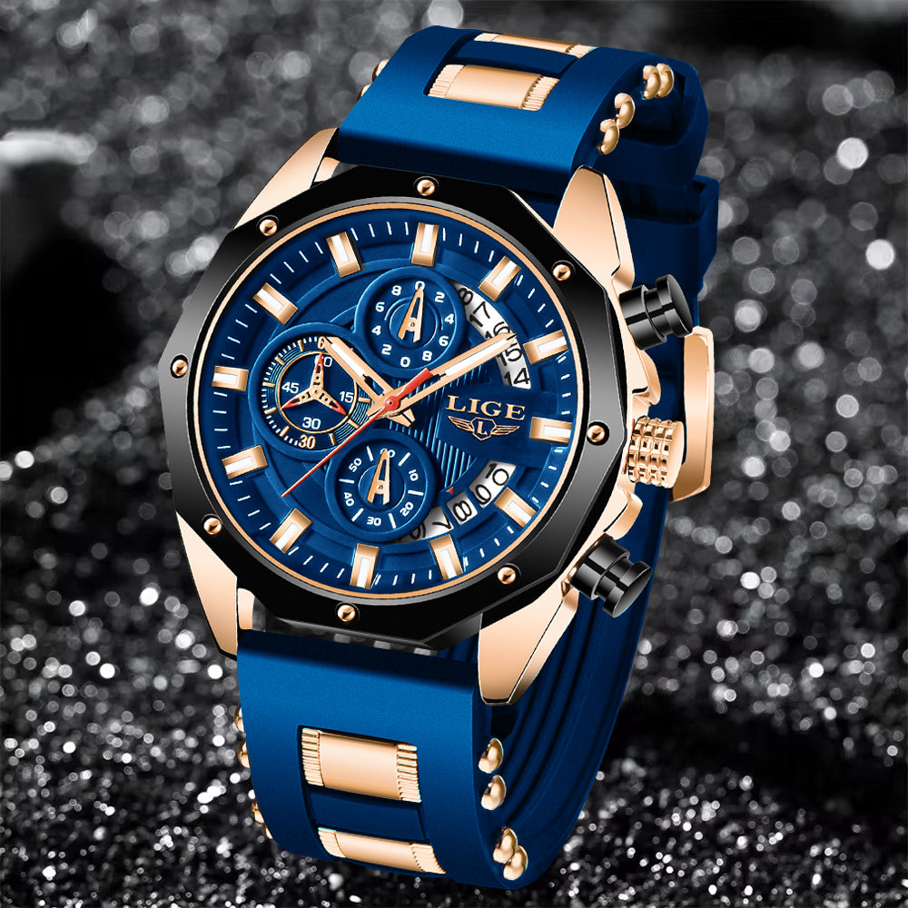 LIGE Men's Luxury Sports Watch – Military-Style Quartz Chronograph, Waterproof, Silicone Strap, Business & Casual Design with Date Display