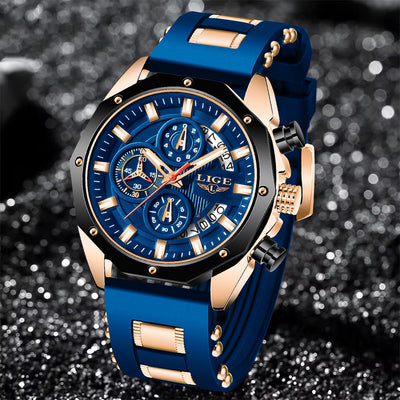 LIGE Men's Luxury Sports Watch – Military-Style Quartz Chronograph, Waterproof, Silicone Strap, Business & Casual Design with Date Display