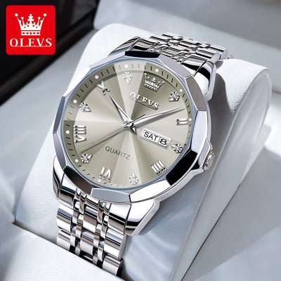 OLEVS 9931 Men’s Quartz Watch – Solid Stainless Steel Strap, Rhombus Dial Design, Waterproof Fashion Business Wristwatch
