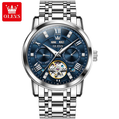 OLEVS 6701 Men's Luxury Skeleton Automatic Watch – Flywheel Design, Dual Calendar, Luminous, Waterproof Stainless Steel Wristwatch
