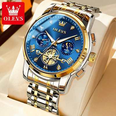 OLEVS Luxury Tourbillon Quartz Watch for Men – Stainless Steel, Waterproof, Luminous, 24-Hour Moon Phase Fashion Timepiece