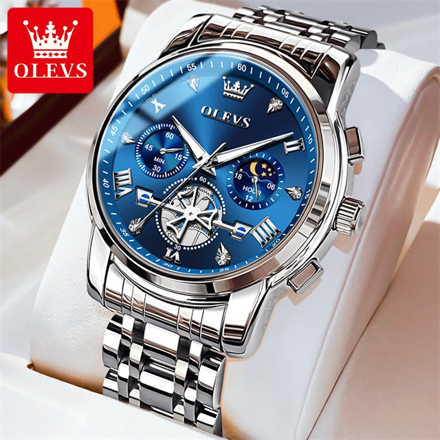 OLEVS Luxury Tourbillon Quartz Watch for Men – Stainless Steel, Waterproof, Luminous, 24-Hour Moon Phase Fashion Timepiece