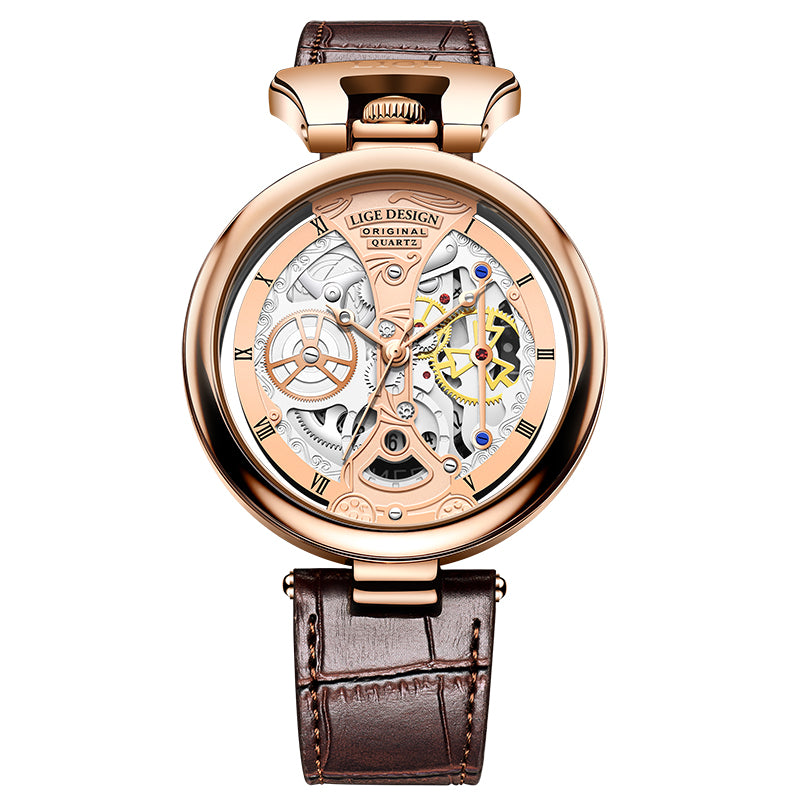LIGE Men's Luxury Quartz Watch – Stylish Hollow Design, Waterproof Sports & Casual Leather Timepiece with Date Display