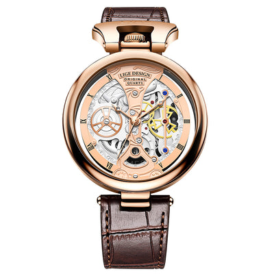 LIGE Men's Luxury Quartz Watch – Stylish Hollow Design, Waterproof Sports & Casual Leather Timepiece with Date Display