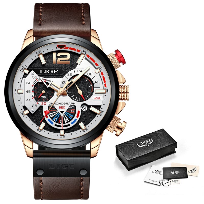 LIGE Men's Big Dial Quartz Watch – Business Style, Luminous, Waterproof, Leather Strap Wristwatch