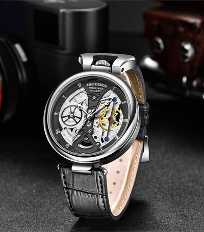LIGE Men's Luxury Quartz Watch – Stylish Hollow Design, Waterproof Sports & Casual Leather Timepiece with Date Display