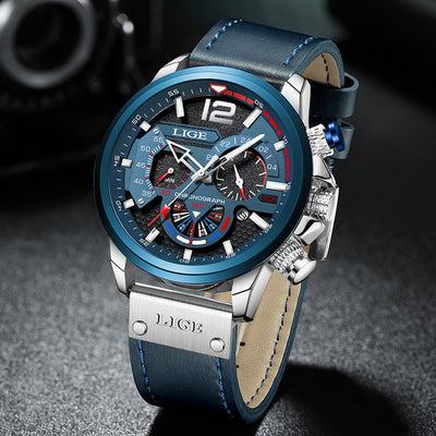 LIGE Men's Big Dial Quartz Watch – Business Style, Luminous, Waterproof, Leather Strap Wristwatch
