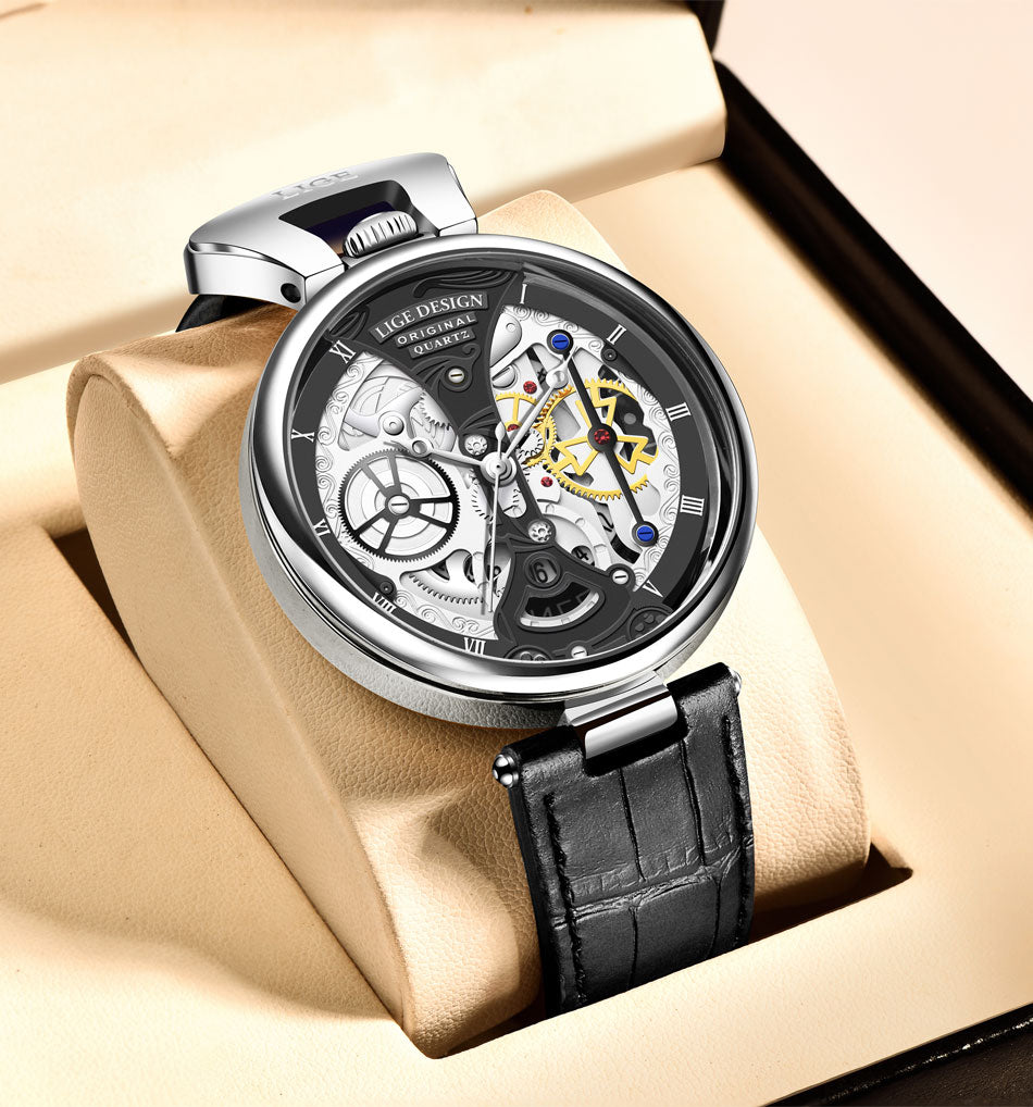 LIGE Men's Luxury Quartz Watch – Stylish Hollow Design, Waterproof Sports & Casual Leather Timepiece with Date Display