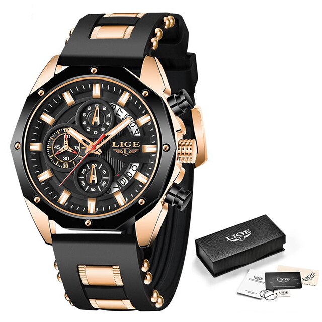 LIGE Men's Luxury Sports Watch – Military-Style Quartz Chronograph, Waterproof, Silicone Strap, Business & Casual Design with Date Display