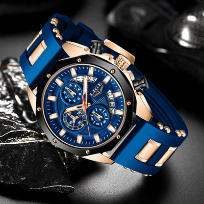 LIGE Men's Luxury Sports Watch – Military-Style Quartz Chronograph, Waterproof, Silicone Strap, Business & Casual Design with Date Display