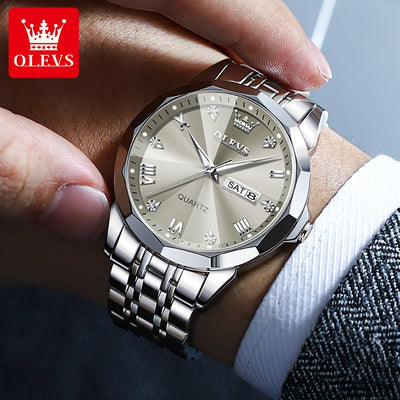 OLEVS 9931 Men’s Quartz Watch – Solid Stainless Steel Strap, Rhombus Dial Design, Waterproof Fashion Business Wristwatch