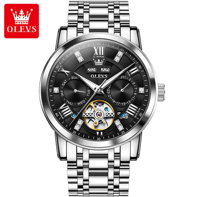 OLEVS 6701 Men's Luxury Skeleton Automatic Watch – Flywheel Design, Dual Calendar, Luminous, Waterproof Stainless Steel Wristwatch