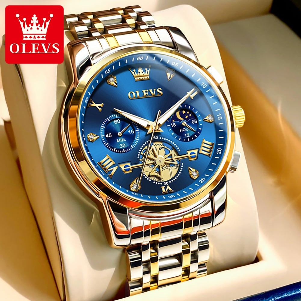 OLEVS Luxury Tourbillon Quartz Watch for Men – Stainless Steel, Waterproof, Luminous, 24-Hour Moon Phase Fashion Timepiece