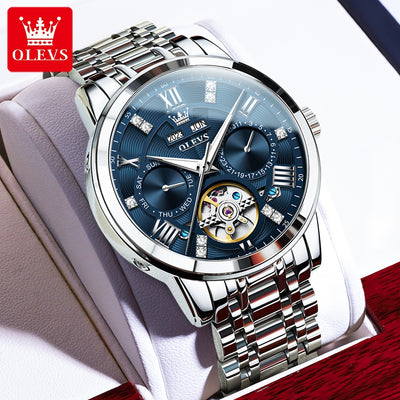 OLEVS 6701 Men's Luxury Skeleton Automatic Watch – Flywheel Design, Dual Calendar, Luminous, Waterproof Stainless Steel Wristwatch