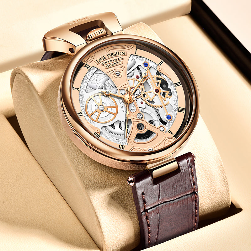 LIGE Men's Luxury Quartz Watch – Stylish Hollow Design, Waterproof Sports & Casual Leather Timepiece with Date Display