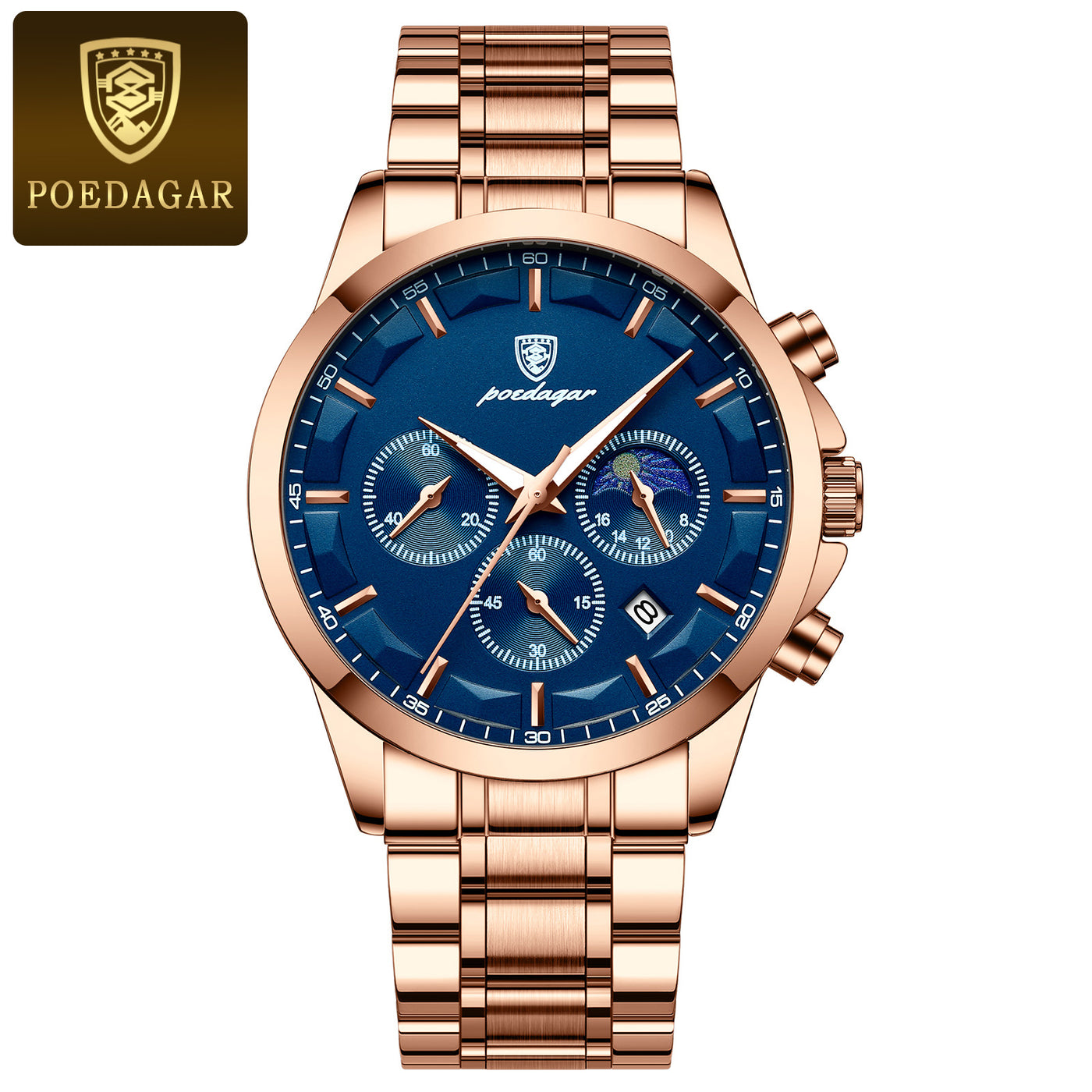 POEDAGAR Men’s Sport Watch – Luminous Quartz Chronograph, Moon Phase, Date Display, Stainless Steel Fashion Wristwatch