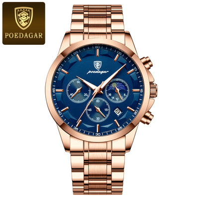 POEDAGAR Men’s Sport Watch – Luminous Quartz Chronograph, Moon Phase, Date Display, Stainless Steel Fashion Wristwatch