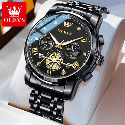 OLEVS Luxury Tourbillon Quartz Watch for Men – Stainless Steel, Waterproof, Luminous, 24-Hour Moon Phase Fashion Timepiece