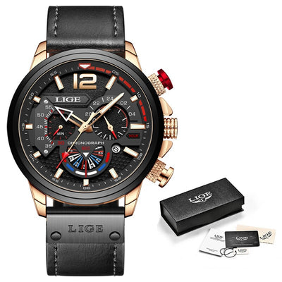 LIGE Men's Big Dial Quartz Watch – Business Style, Luminous, Waterproof, Leather Strap Wristwatch